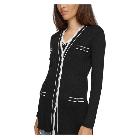 NWT Karl Lagerfeld Lace-Trim Cardigan Button Up Sweater Black Soft White XS - Picture 2 of 9
